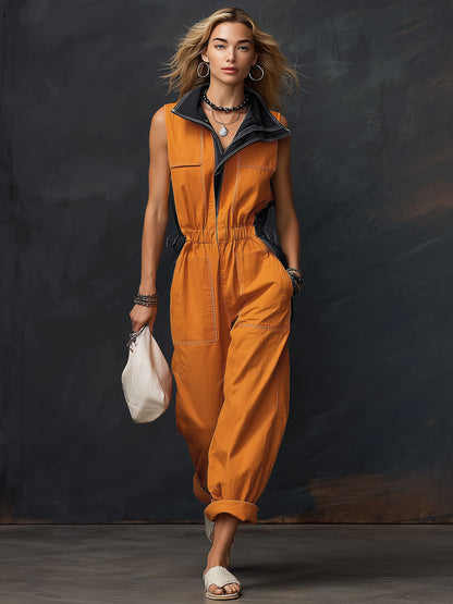 Casual Retro Black And Orange Denim Sleeveless Jumpsuit