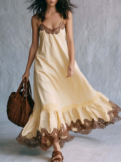 Bohemian Vacation Spaghetti Straps Lace Trim Cream-yellow Maxi Dress