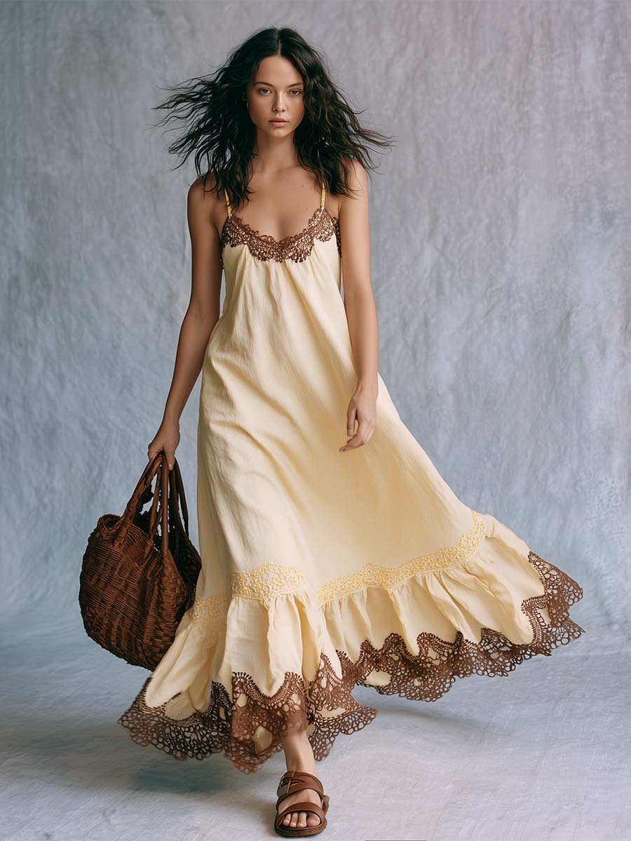 Bohemian Vacation Spaghetti Straps Lace Trim Cream-yellow Maxi Dress