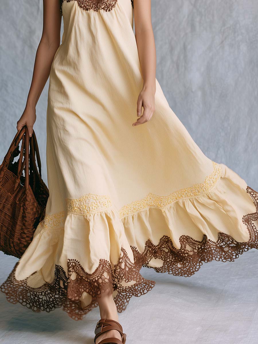 Bohemian Vacation Spaghetti Straps Lace Trim Cream-yellow Maxi Dress