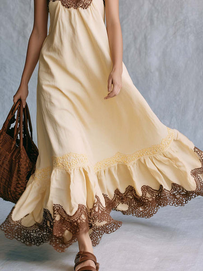 Bohemian Vacation Spaghetti Straps Lace Trim Cream-yellow Maxi Dress