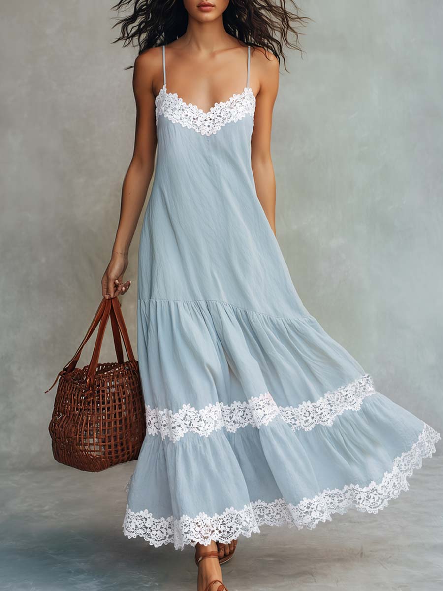 Boho Vacation Style Lace Trim Light Blue Cotton-linen Maxi Dress