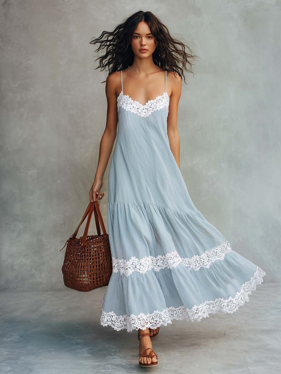 Boho Vacation Style Lace Trim Light Blue Cotton-linen Maxi Dress