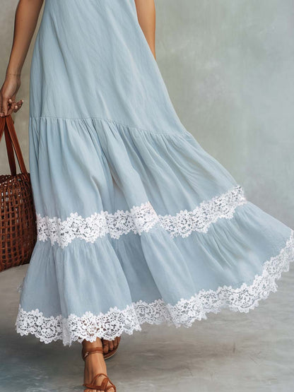 Boho Vacation Style Lace Trim Light Blue Cotton-linen Maxi Dress