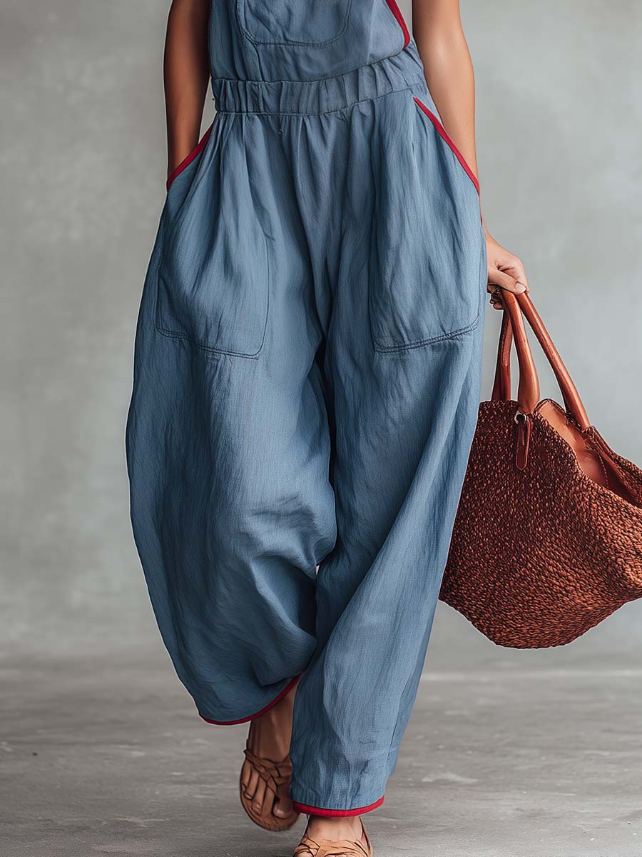 Retro Casual Red Trim V-neck Grey-blue Jumpsuit