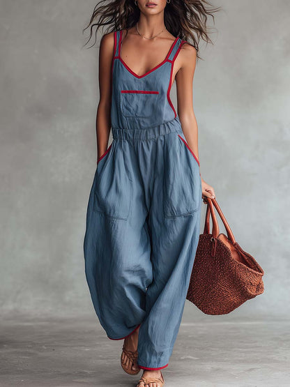 Retro Casual Red Trim V-neck Grey-blue Jumpsuit