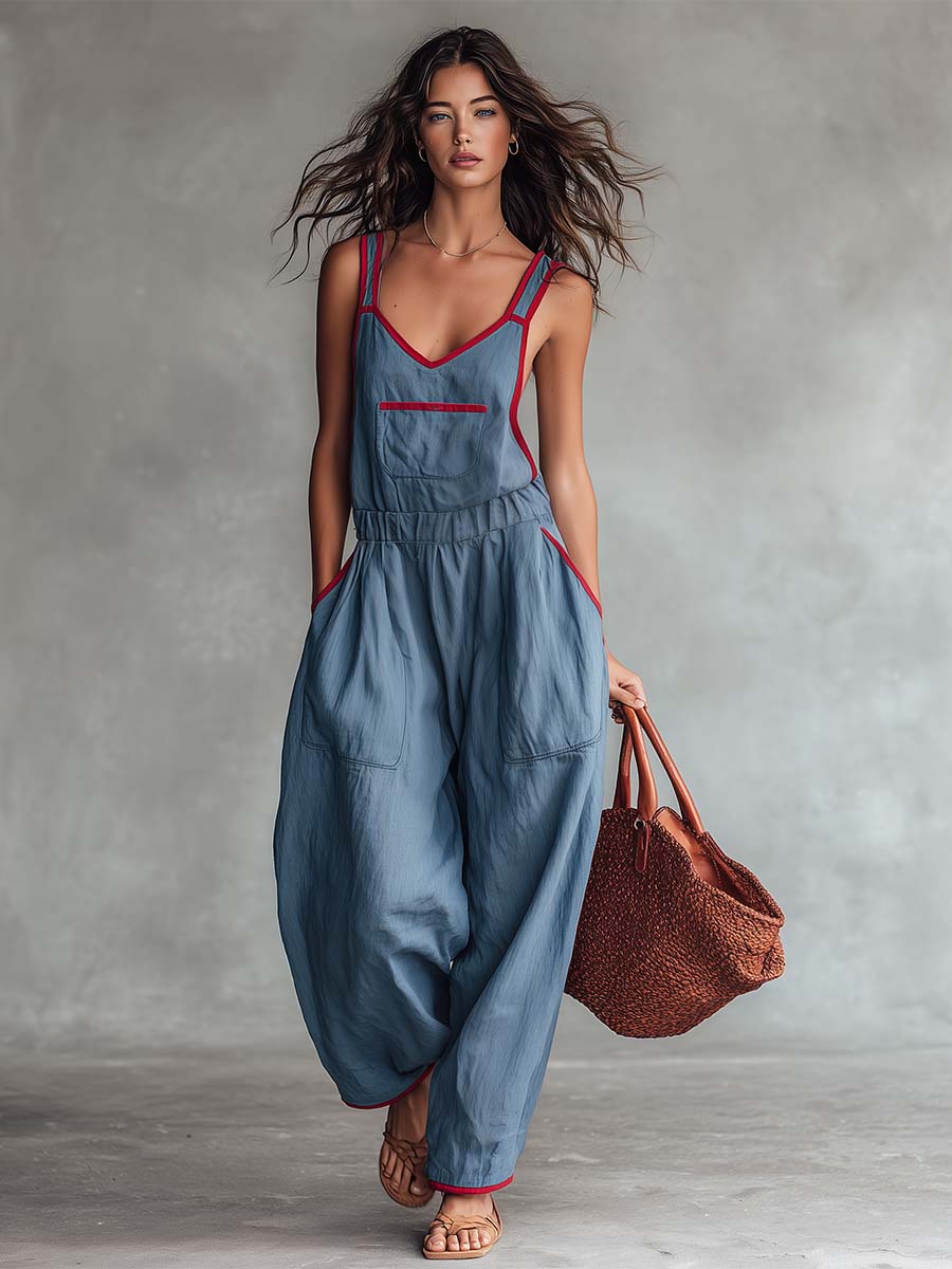 Retro Casual Red Trim V-neck Grey-blue Jumpsuit