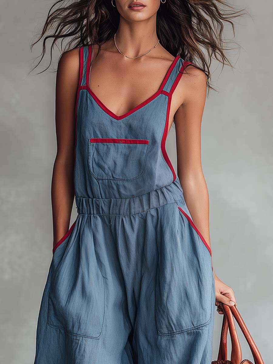 Retro Casual Red Trim V-neck Grey-blue Jumpsuit
