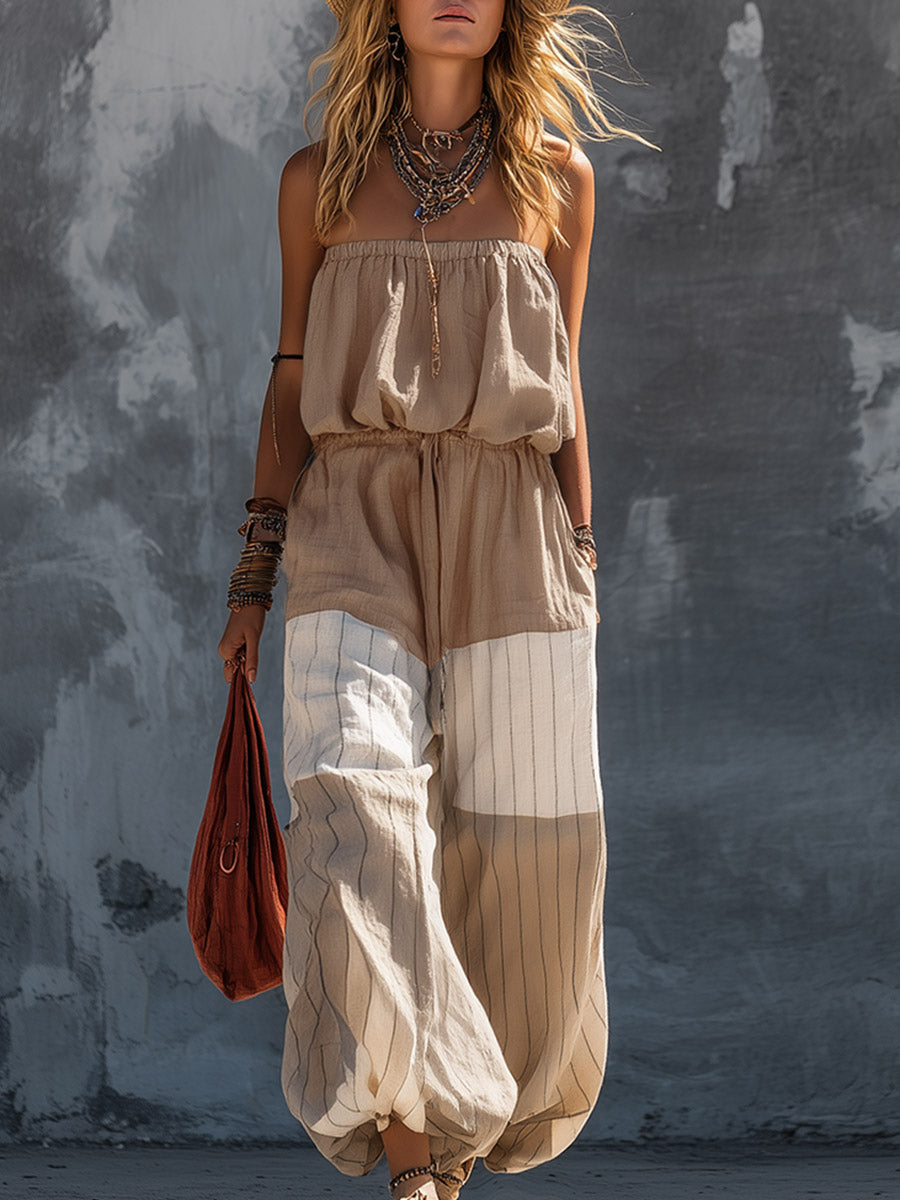 Elegant Casual Khaki Strapless Top And Striped Wide-Leg Pants Cotton-Linen Set