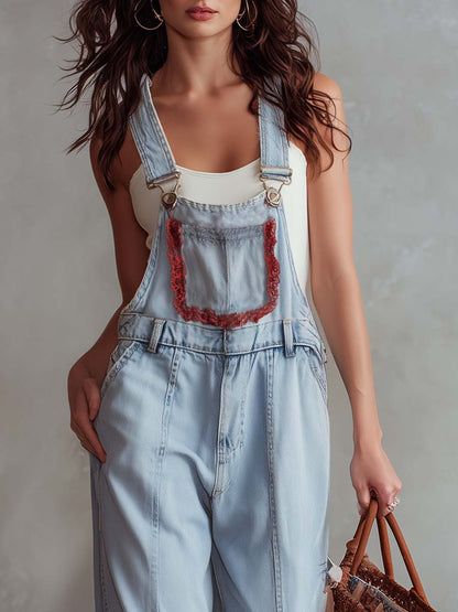 Vintage Casual Lace Trim Light Blue Washed Denim Overalls Jumpsuit