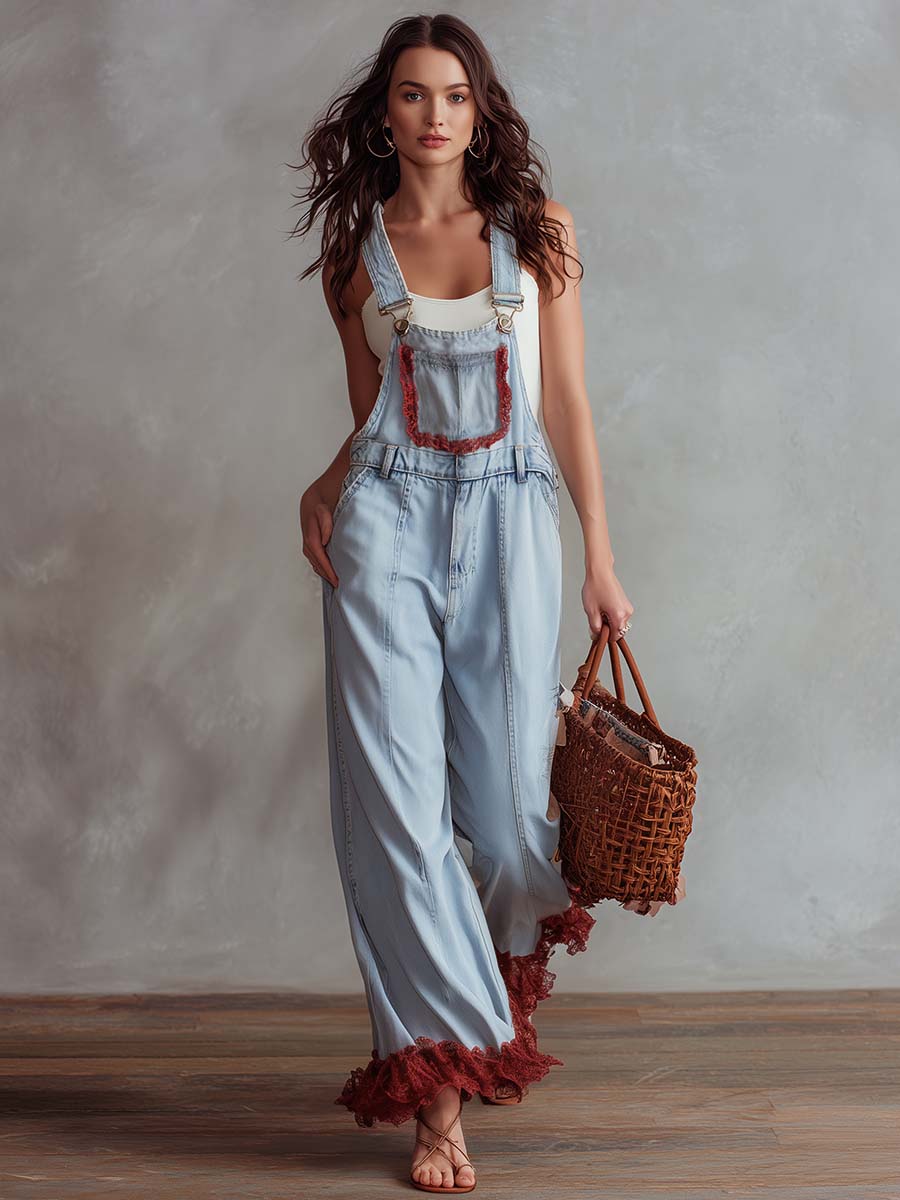 Vintage Casual Lace Trim Light Blue Washed Denim Overalls Jumpsuit