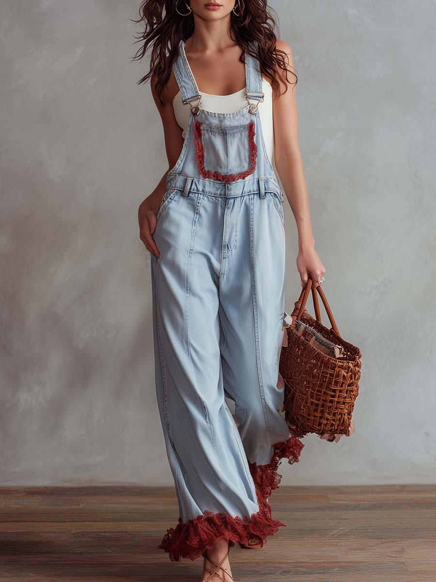Vintage Casual Lace Trim Light Blue Washed Denim Overalls Jumpsuit