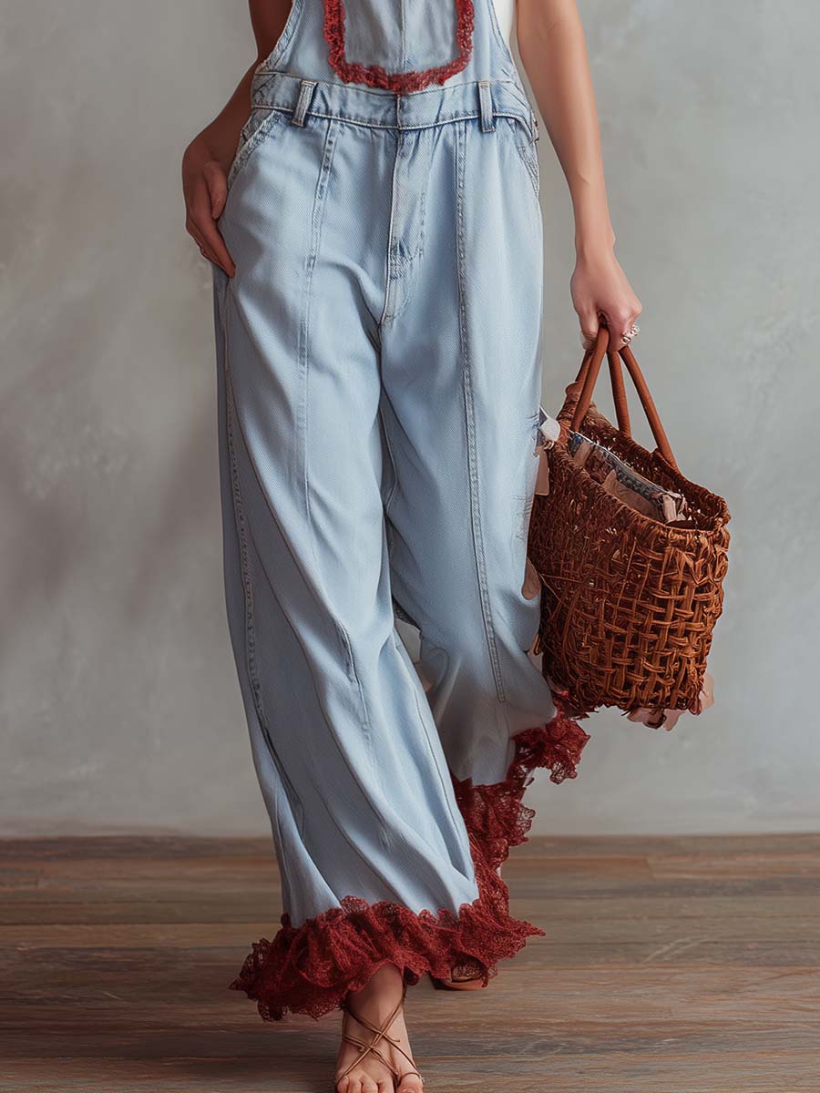 Vintage Casual Lace Trim Light Blue Washed Denim Overalls Jumpsuit