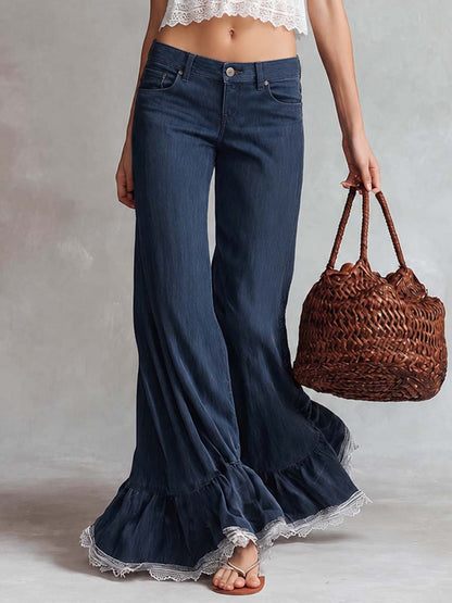 Retro Fashion Dark Blue Tencel Denim Peplum Hem Pants