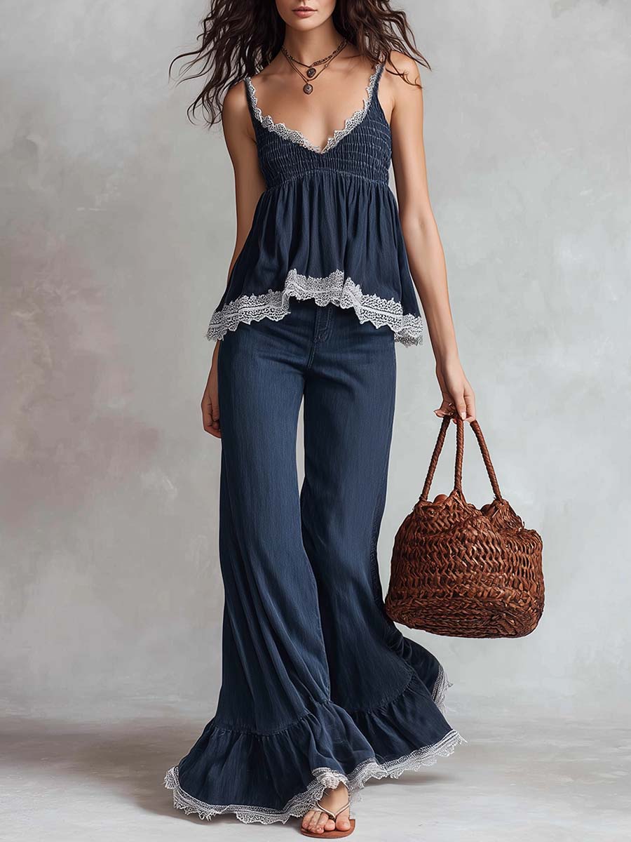 Retro Fashion Dark Blue Tencel Denim Lace V-neck Top And Pants Set