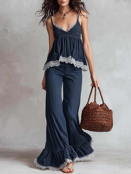 Retro Fashion Dark Blue Tencel Denim Lace V-neck Top And Pants Set