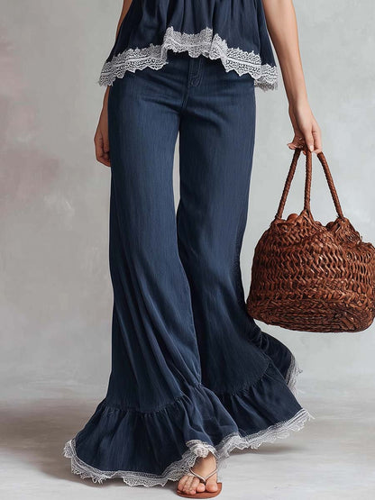 Retro Fashion Dark Blue Tencel Denim Lace V-neck Top And Pants Set