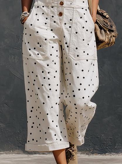 Casual Retro Polka-Dot Print White Denim Cropped Jumpsuit