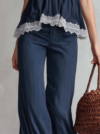 Retro Fashion Dark Blue Tencel Denim Peplum Hem Pants