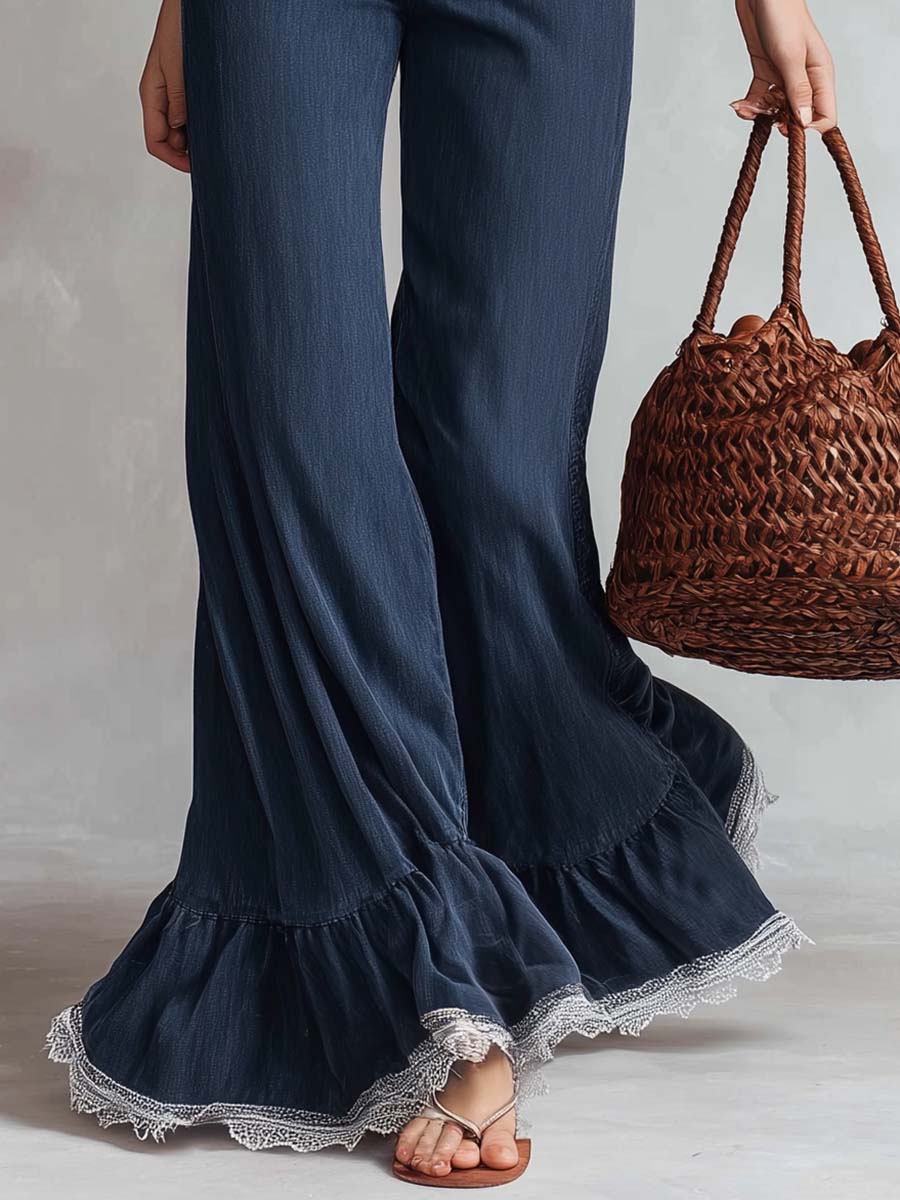 Retro Fashion Dark Blue Tencel Denim Peplum Hem Pants