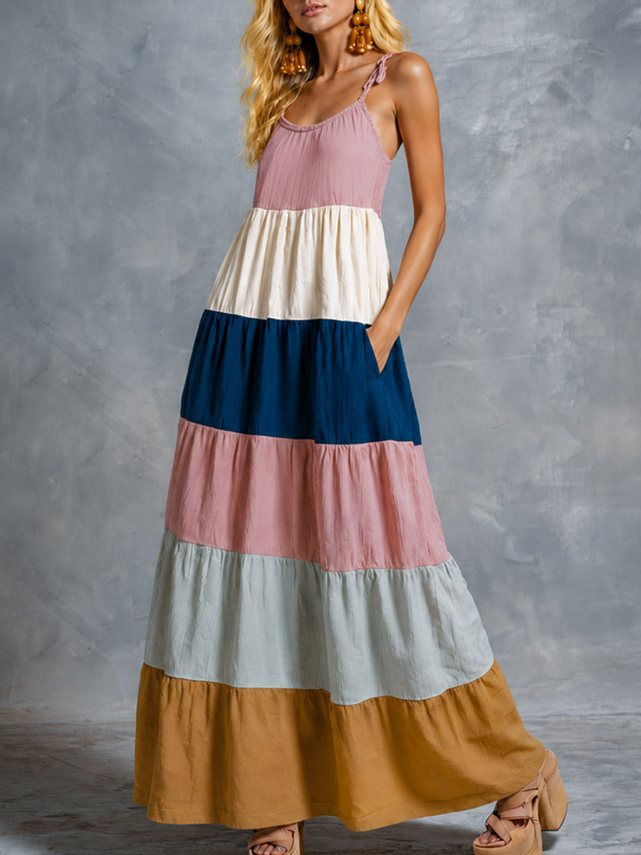 Vintage-style Multicolored Patchwork Cotton-linen Camisole Maxi Dress