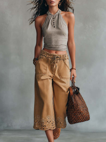 Retro Bohemian Faux Suede Top And Cropped Denim Pants Set