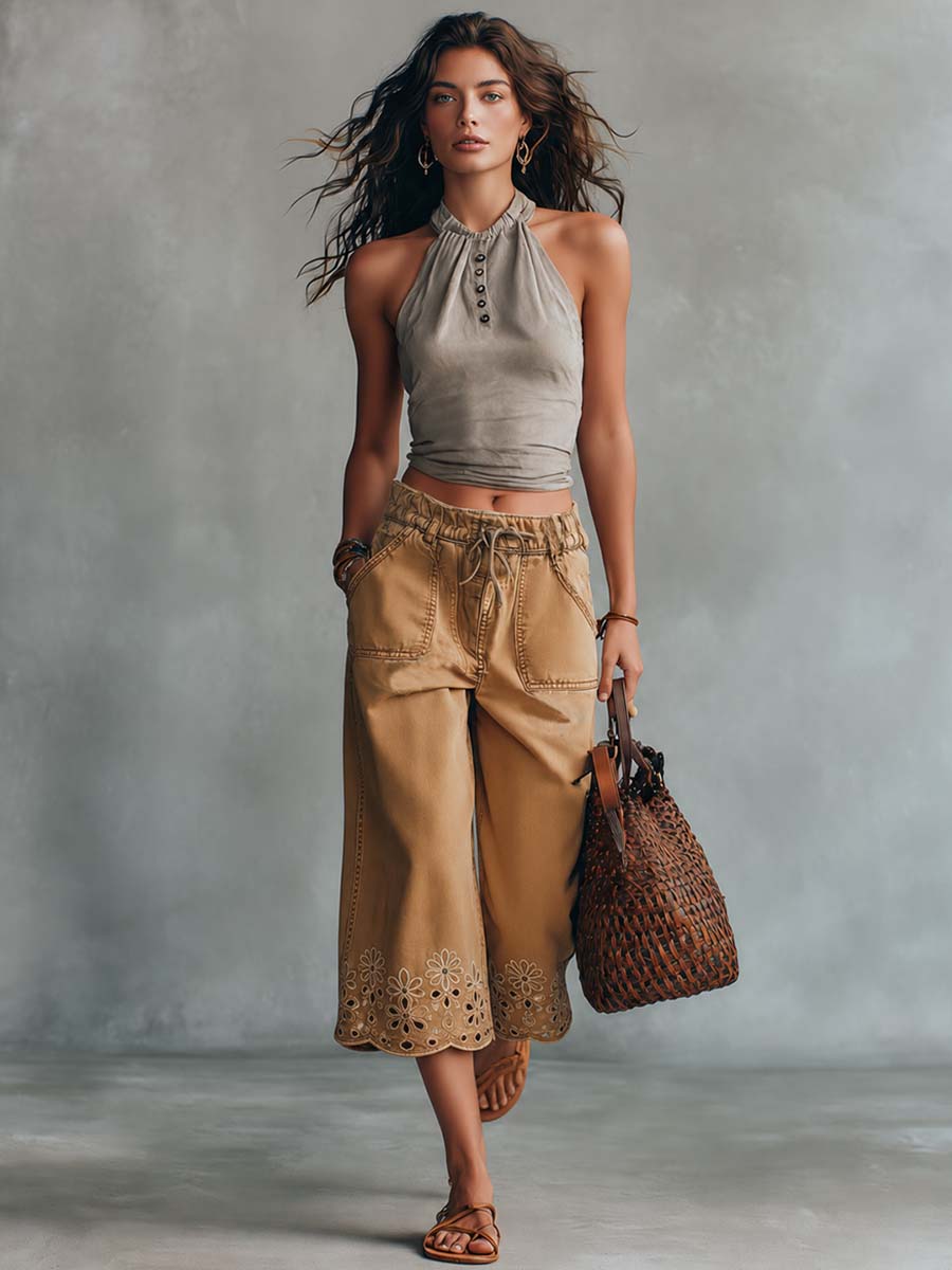 Retro Bohemian Faux Suede Top And Cropped Denim Pants Set