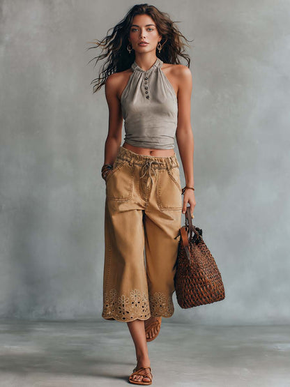 Retro Bohemian Faux Suede Top And Cropped Denim Pants Set