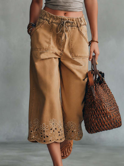 Retro Bohemian Faux Suede Top And Cropped Denim Pants Set