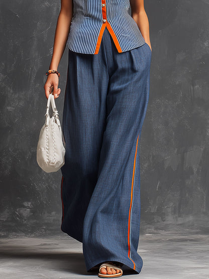 Casual Retro Orange And Blue Striped Cotton Linen Sleeveless Shirt And Wide-Leg Pants Set