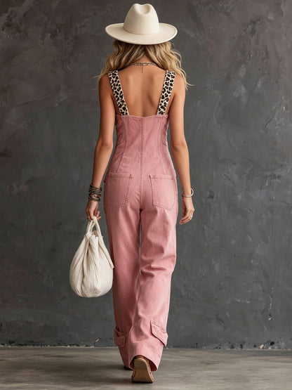 Casual Retro Pink Denim Leopard Print Jumpsuit
