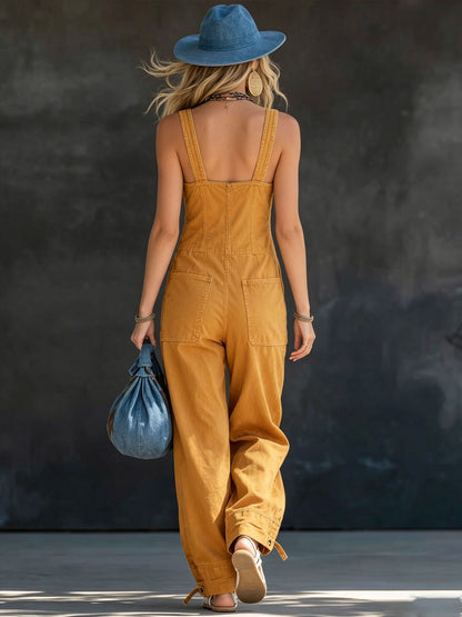 Casual Western Retro Yellow Denim Overalls Zipper Jumpsuit