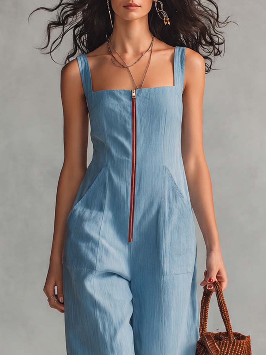 Retro Casual Square Neck Front Zipper Light Blue Cotton-Linen Jumpsuit