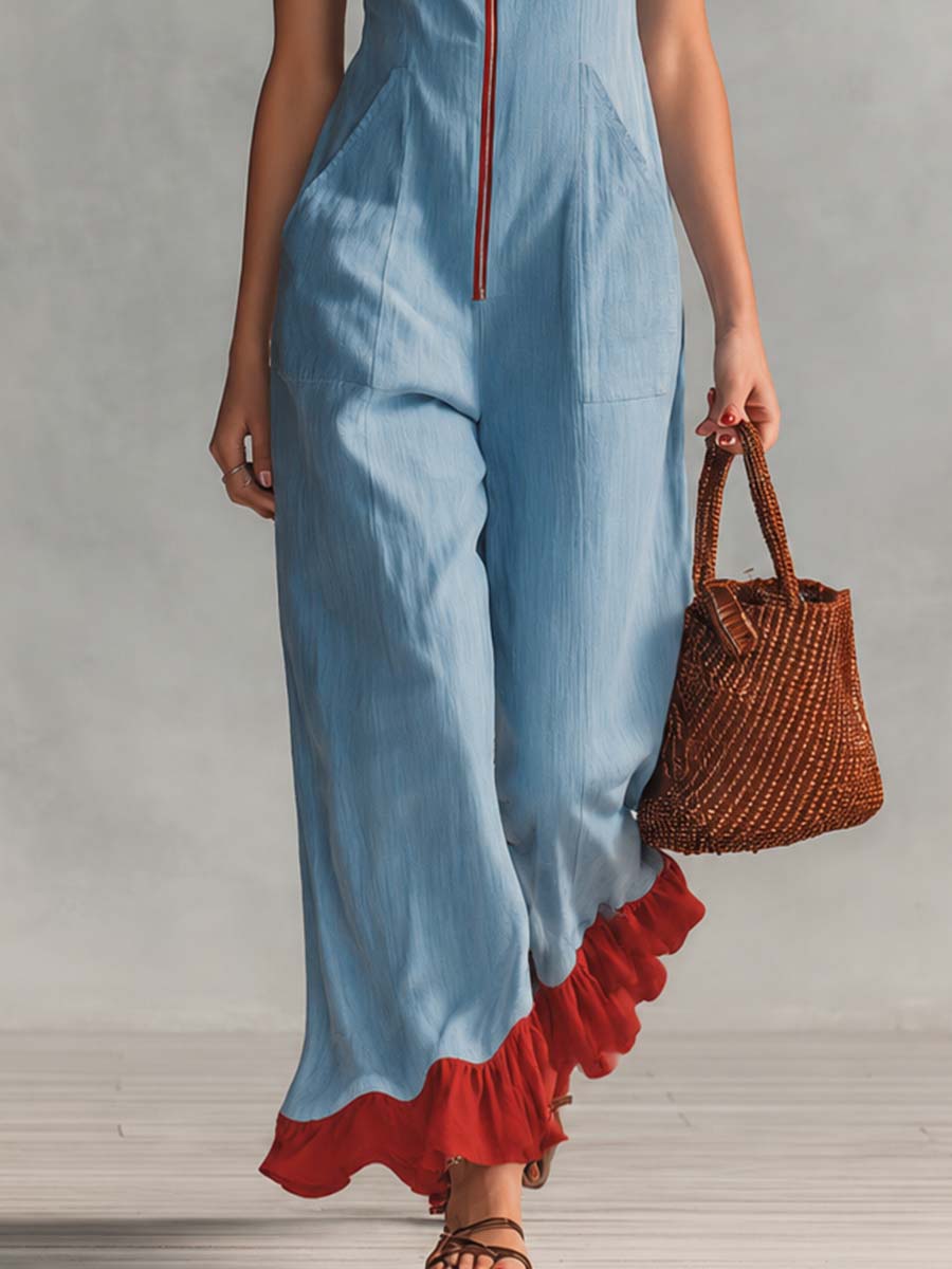 Retro Casual Square Neck Front Zipper Light Blue Cotton-Linen Jumpsuit