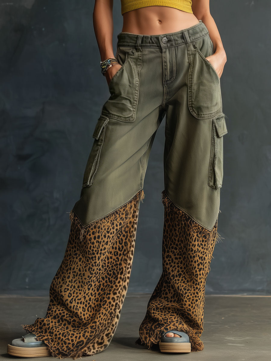 Casual Retro Leopard Print Frayed Army Green Work Jeans