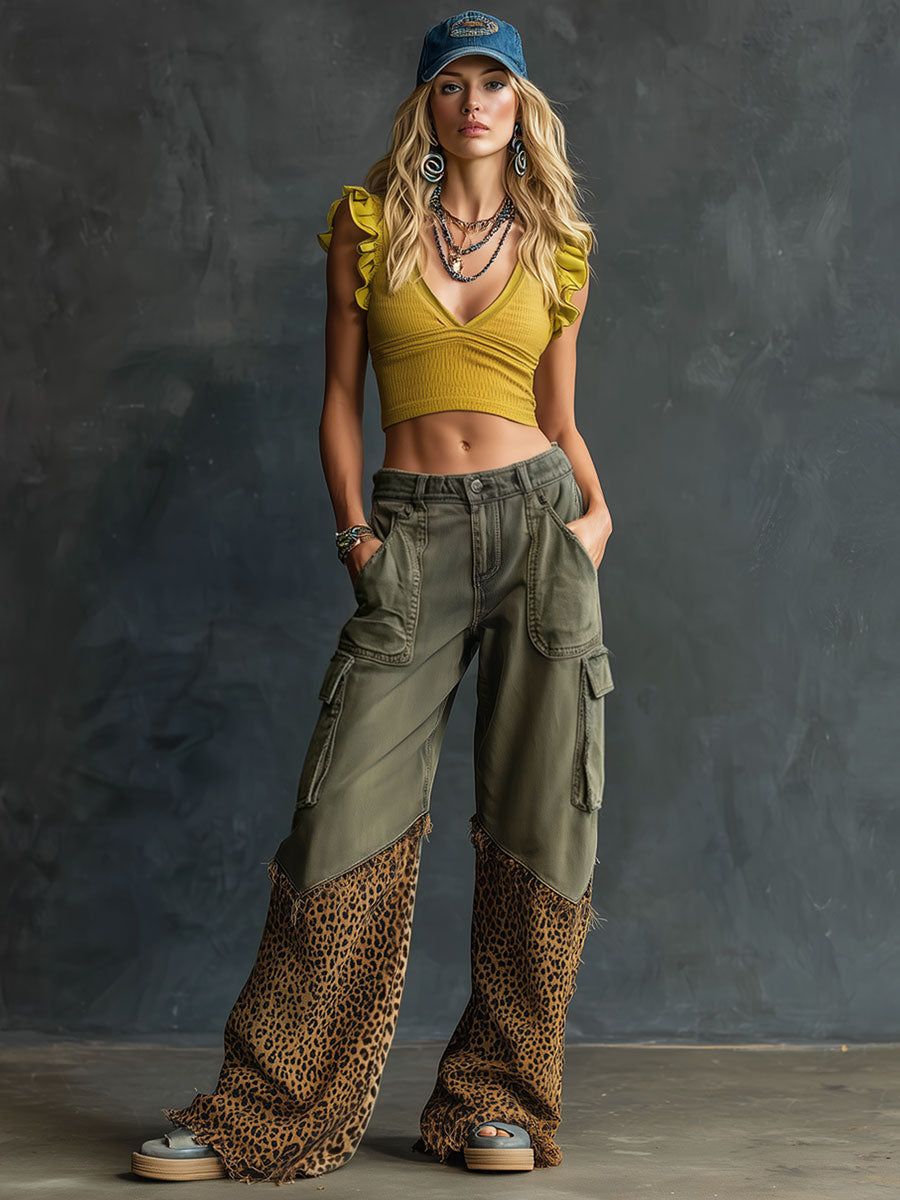 Casual Retro Leopard Print Frayed Army Green Work Jeans