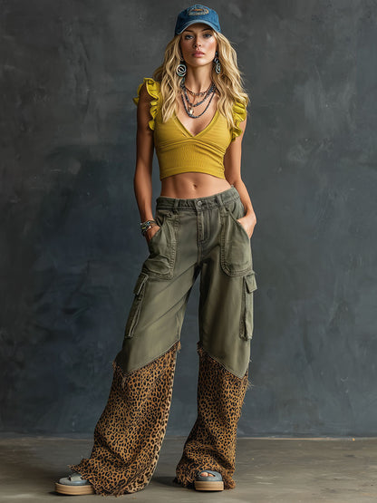 Casual Retro Leopard Print Frayed Army Green Work Jeans