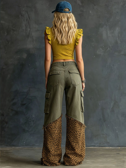 Casual Retro Leopard Print Frayed Army Green Work Jeans