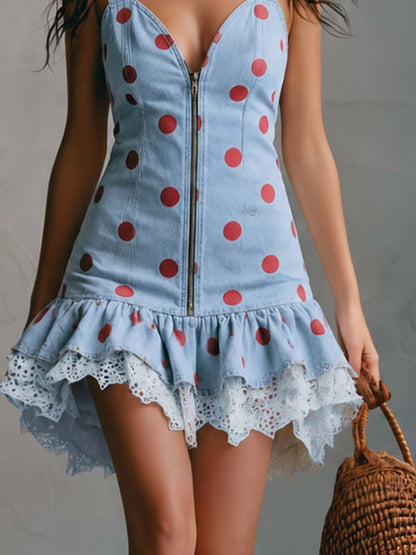 Vintage Fashion V-neck Front Zipper Lace Ruffled Hem Light Blue Denim Mini Dress