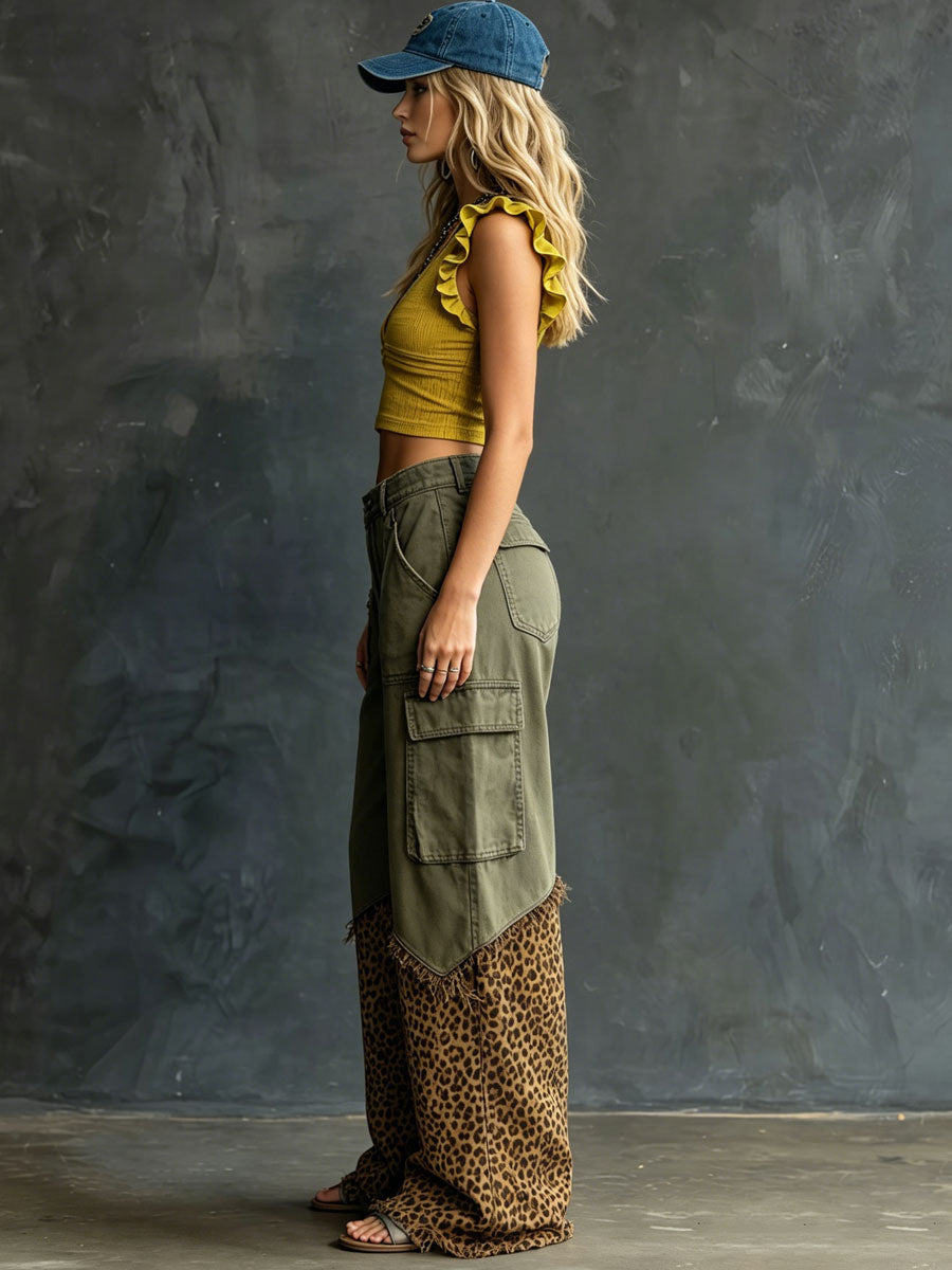 Casual Retro Leopard Print Frayed Army Green Work Jeans