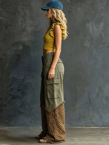Casual Retro Leopard Print Frayed Army Green Work Jeans