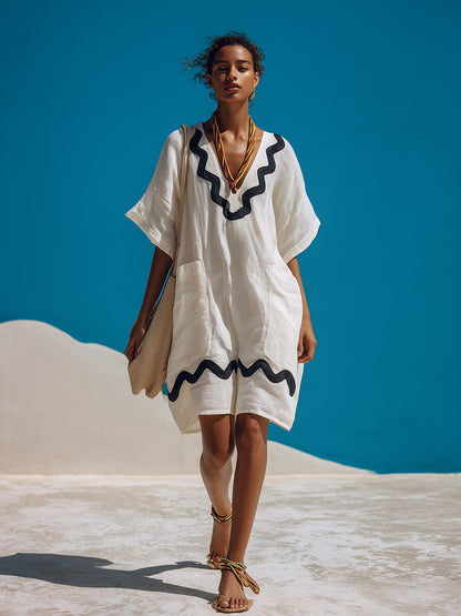 Vintage-style Elegant Scalloped-edge White Cotton-linen Short-sleeve Mini Dress