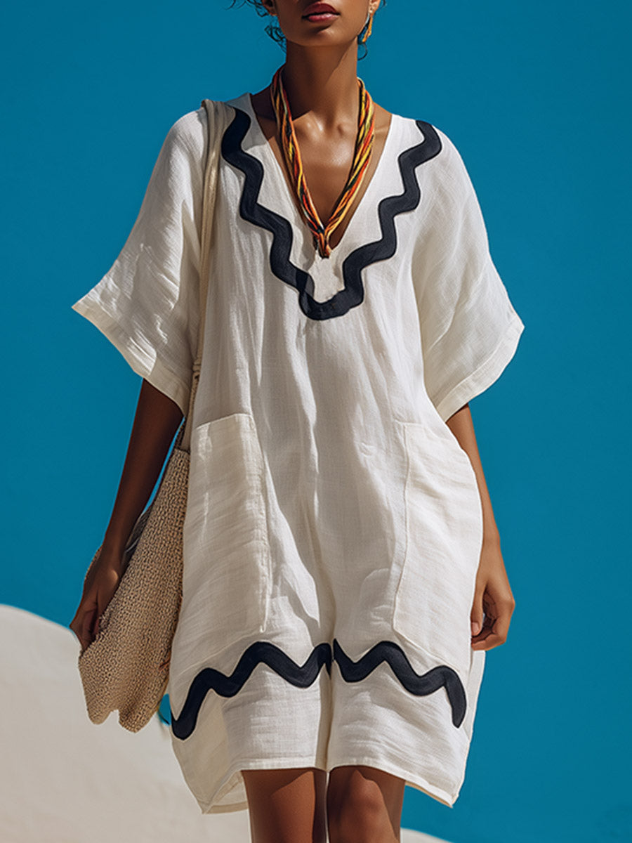 Vintage-style Elegant Scalloped-edge White Cotton-linen Short-sleeve Mini Dress