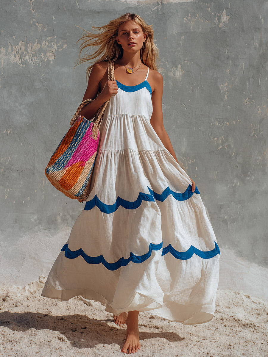 Retro Color-block Wavy Trim Off-white Cotton Camisole Maxi Dress