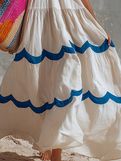 Retro Color-block Wavy Trim Off-white Cotton Camisole Maxi Dress