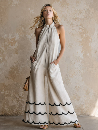Classic Contrast-Color Wavy-Edge Off-White Cotton-Linen Halter Jumpsuit