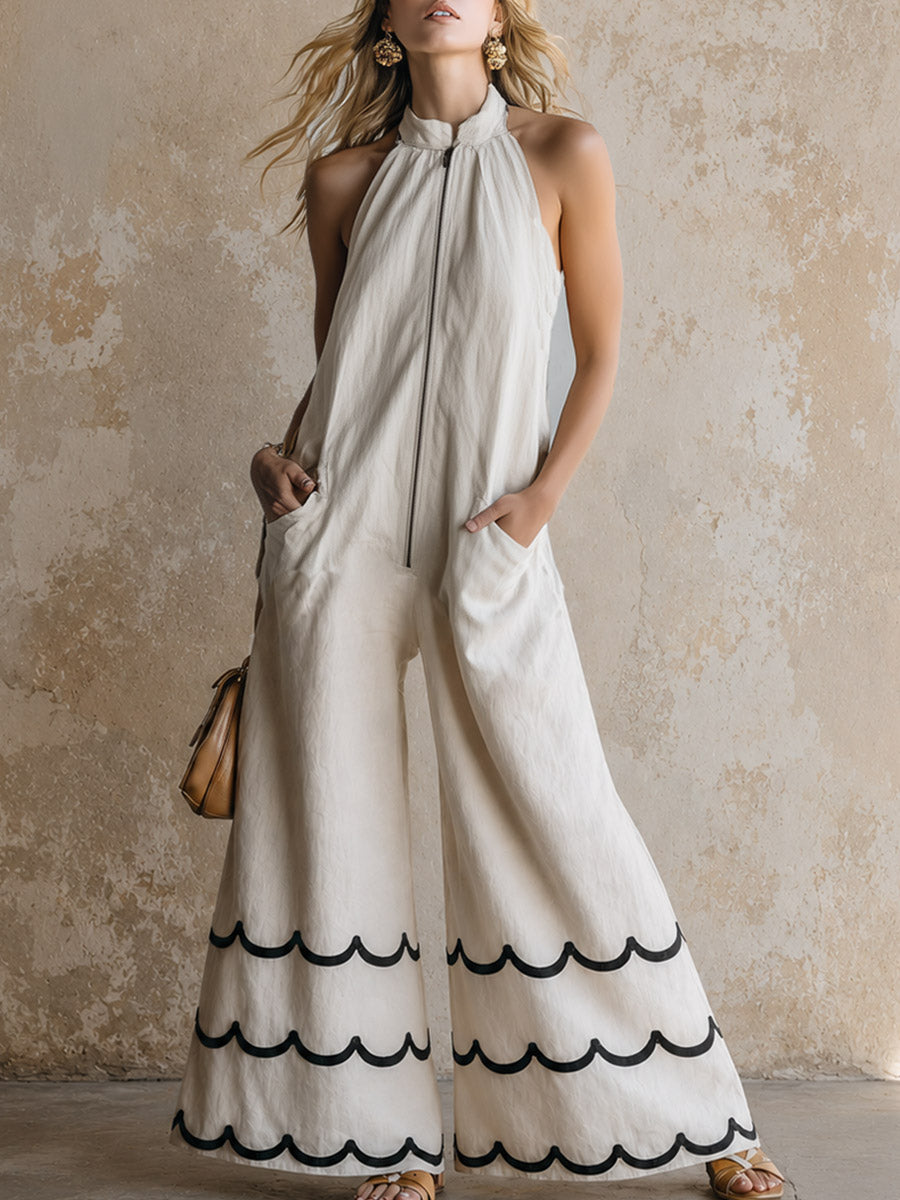 Classic Contrast-Color Wavy-Edge Off-White Cotton-Linen Halter Jumpsuit