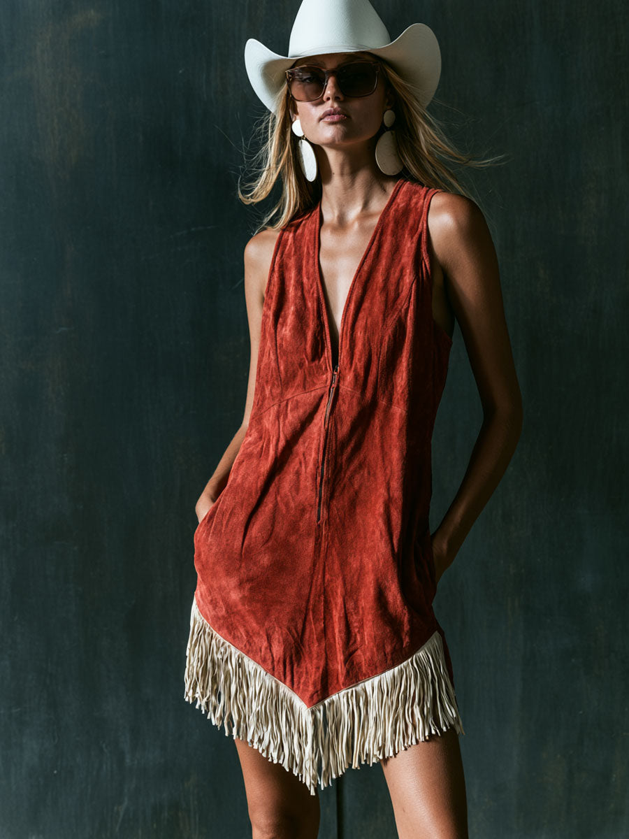 Western Retro Tassel Red Faux Suede Sleeveless Mini Dress