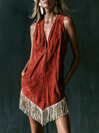 Western Retro Tassel Red Faux Suede Sleeveless Mini Dress