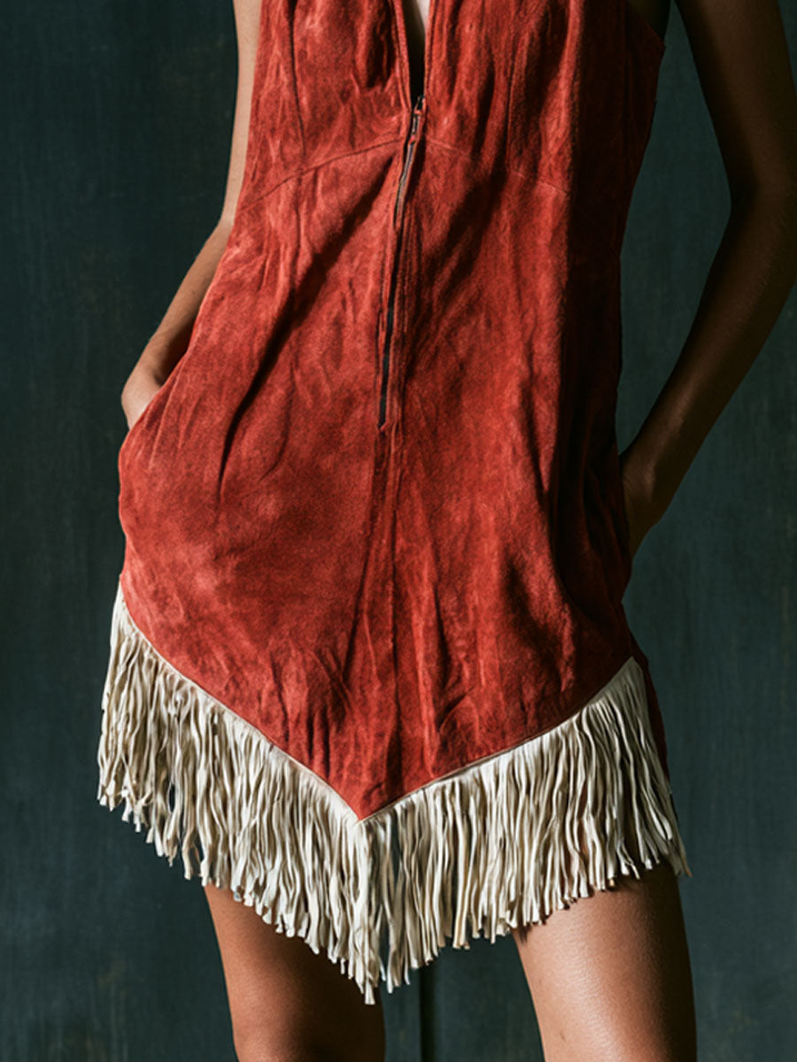 Western Retro Tassel Red Faux Suede Sleeveless Mini Dress